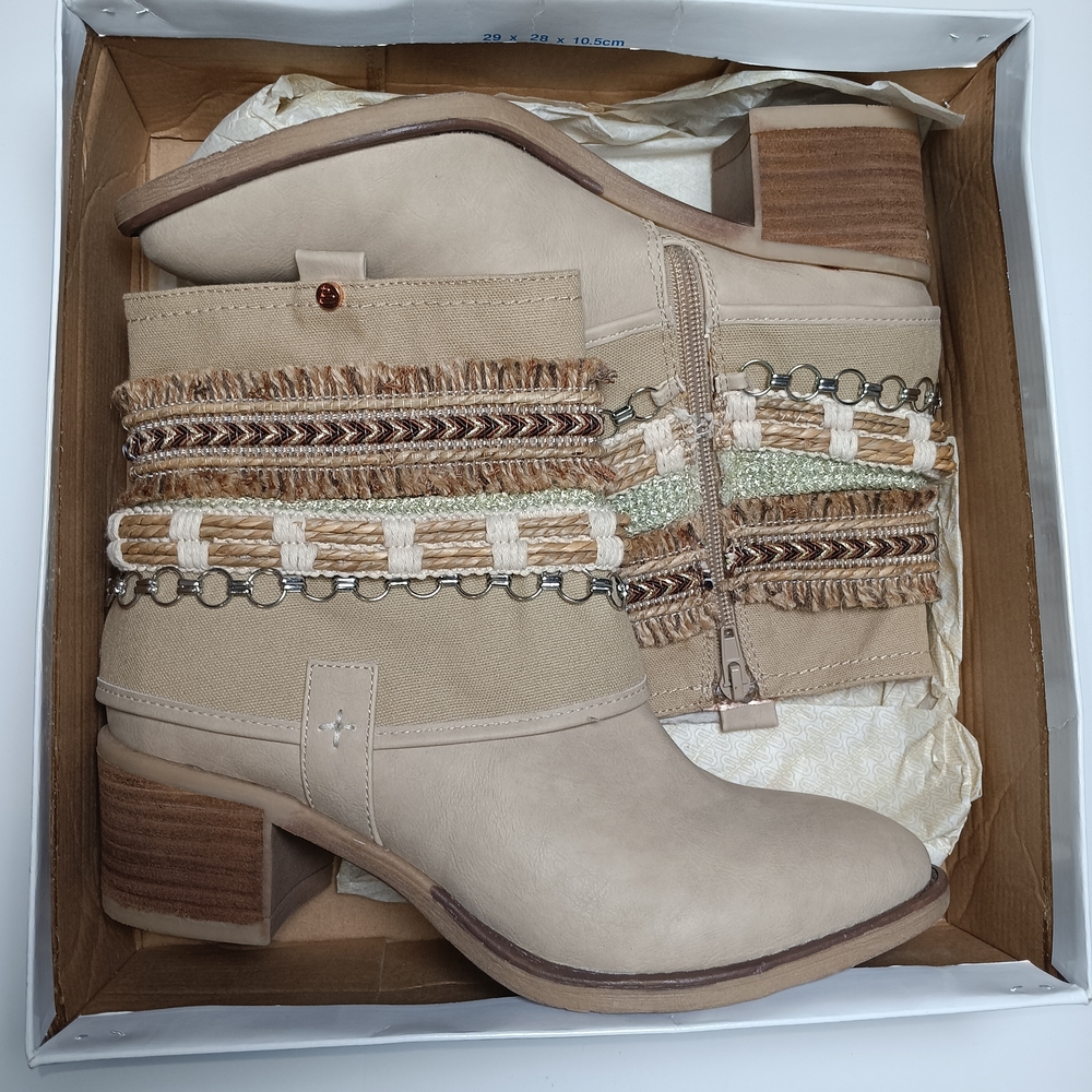 Beige Women's Ankle Booties with Braided & Chain Trim